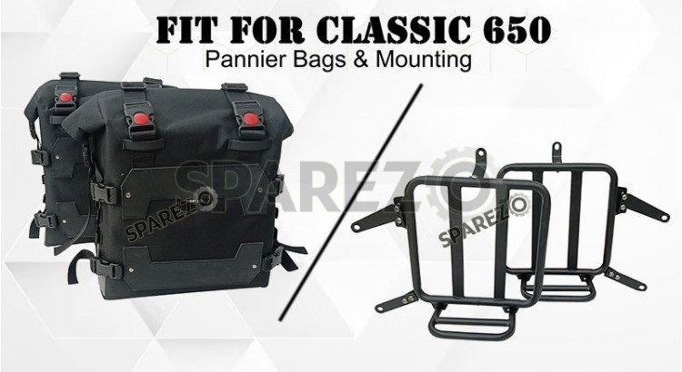 For Royal Enfield Classic 650 Canvas Pannier Bags Black With Mounting - SPAREZO